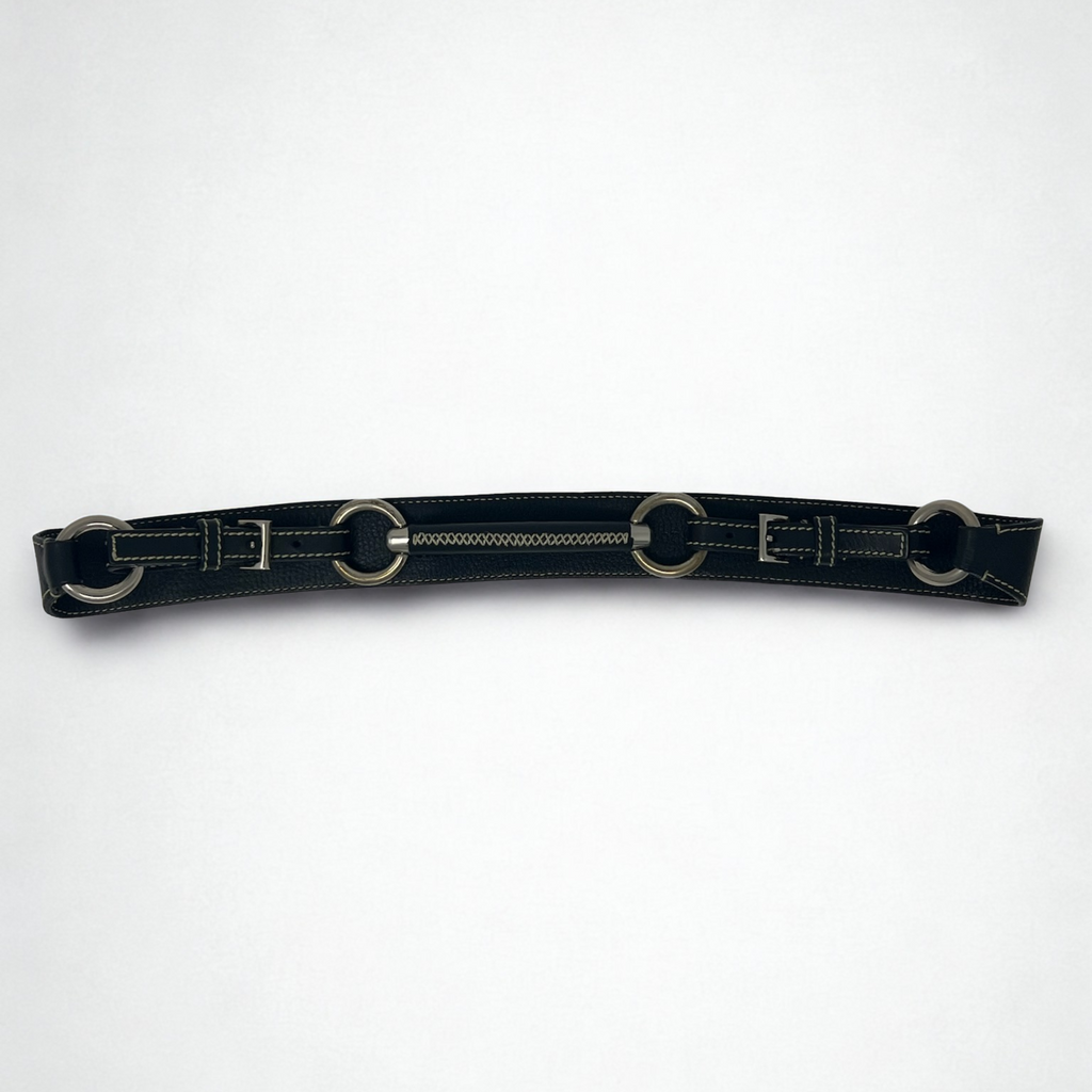 Vintage Prada black leather belt with silver ring hardware and cream contrast stitching, early-2000s