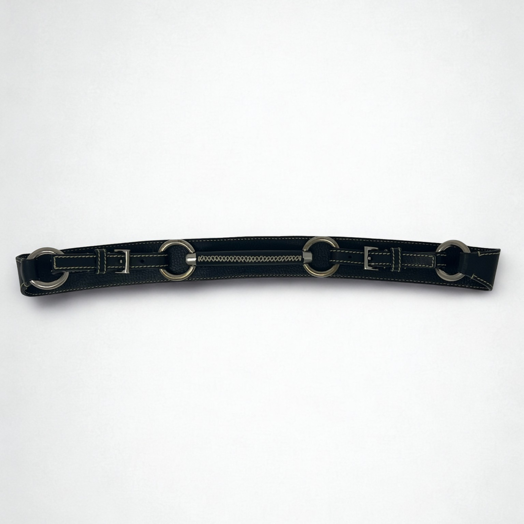 Vintage Prada black leather belt with silver ring hardware and cream contrast stitching, early-2000s