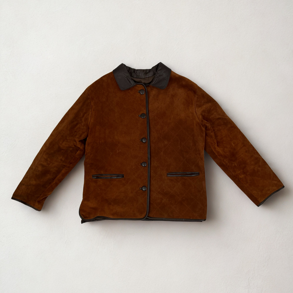 Vintage brown suede barn jacket with leather collar, quilted body, and button front, likely 1990s