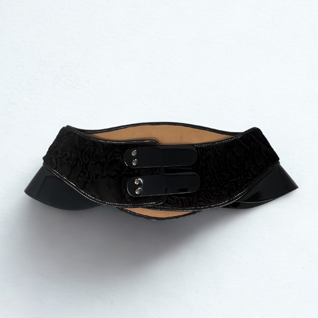 Vintage Fendi brown calf-hair wide waist belt with black patent leather detailing, late-2000s