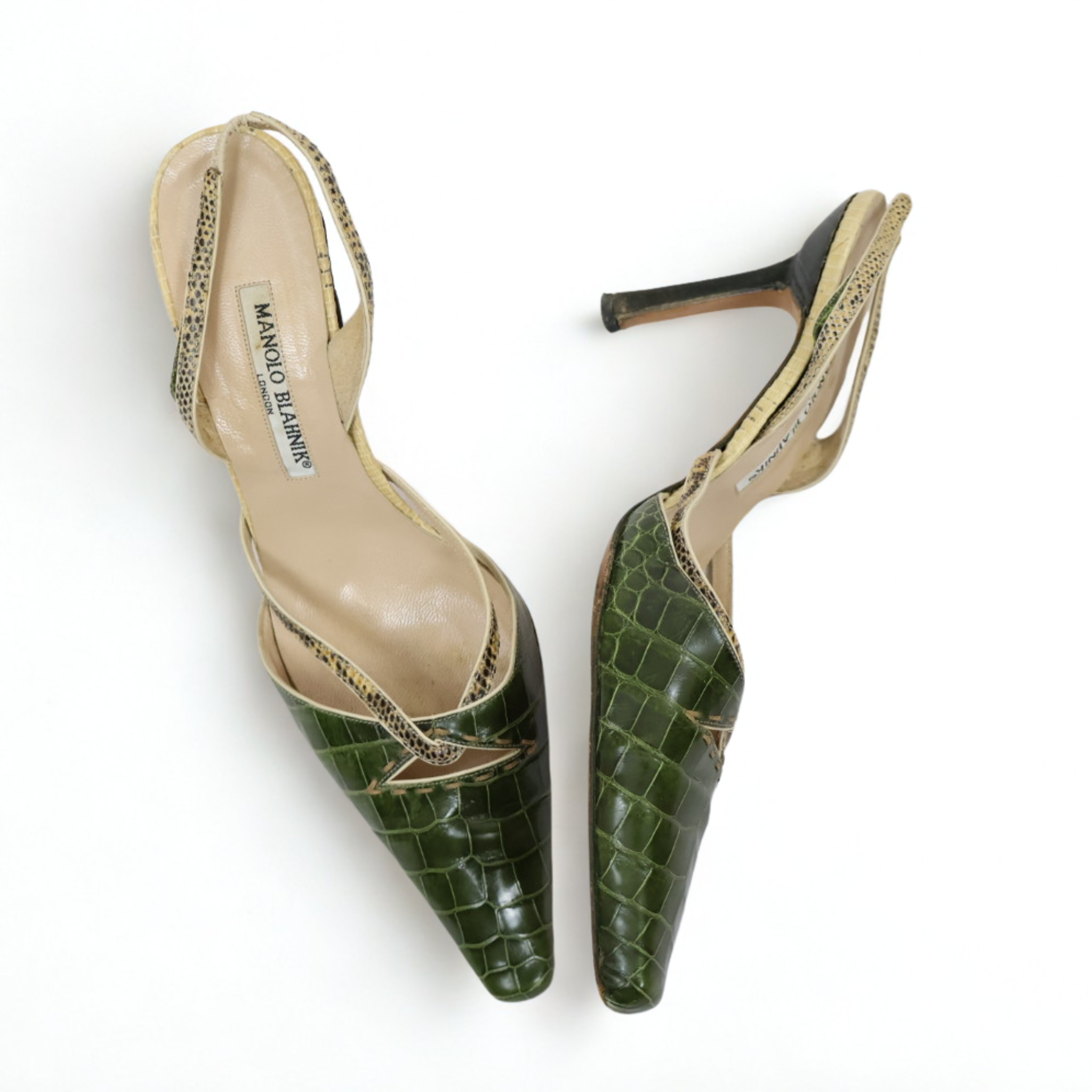 Vintage Manolo Blahnik green crocodile-embossed slingbacks with snakeskin trim, early-2000s Italian design