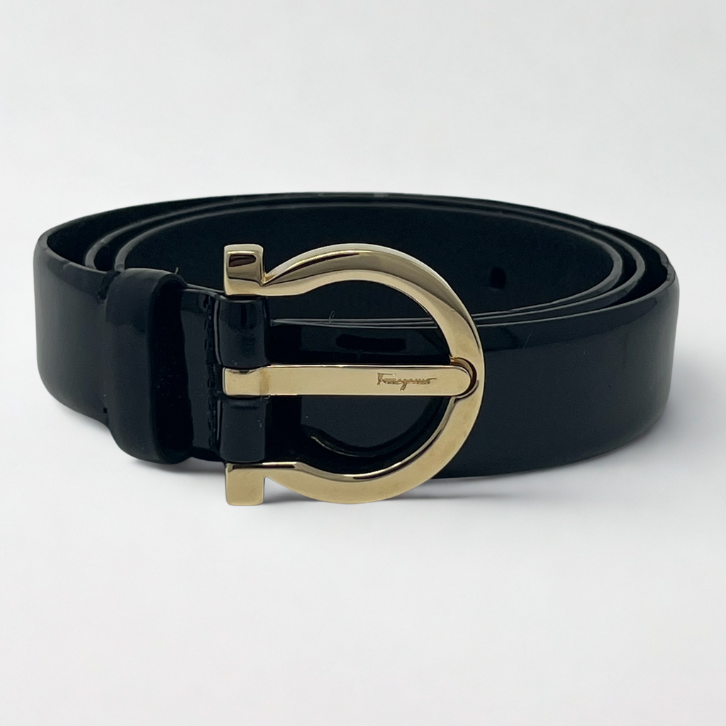 Vintage Salvatore Ferragamo black patent leather belt with gold Gancini buckle, 2000s