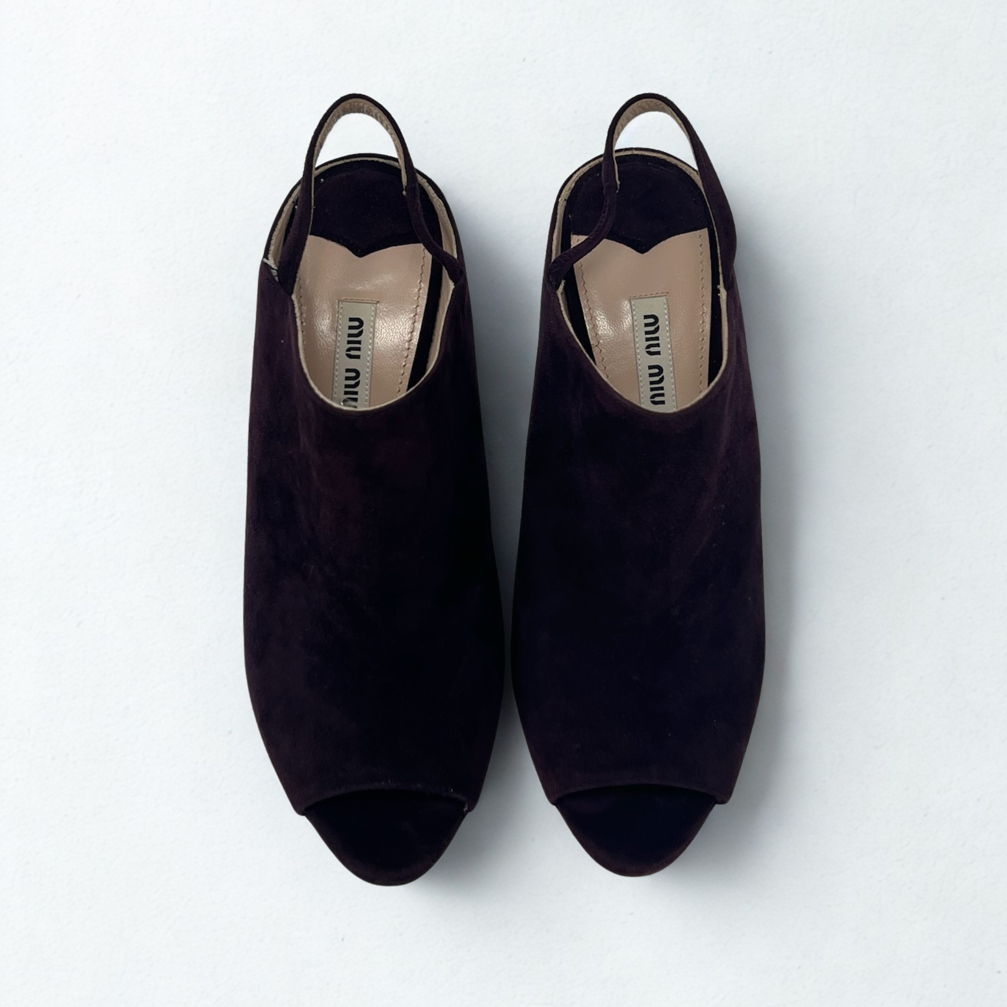 Vintage Miu Miu purple suede peep-toe slingback mules with stiletto heel, mid-2000s design