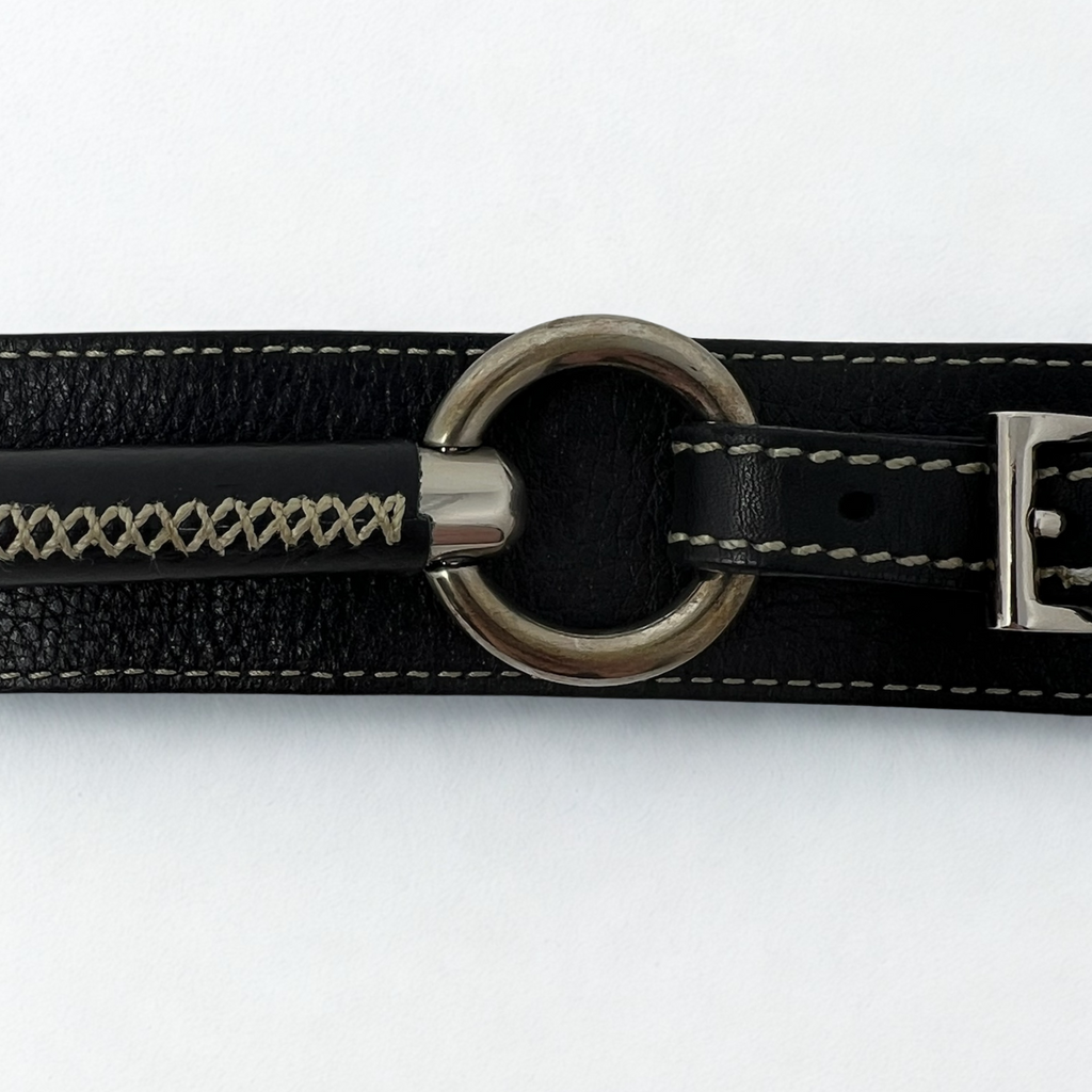 Vintage Prada black leather belt with silver ring hardware and cream contrast stitching, early-2000s