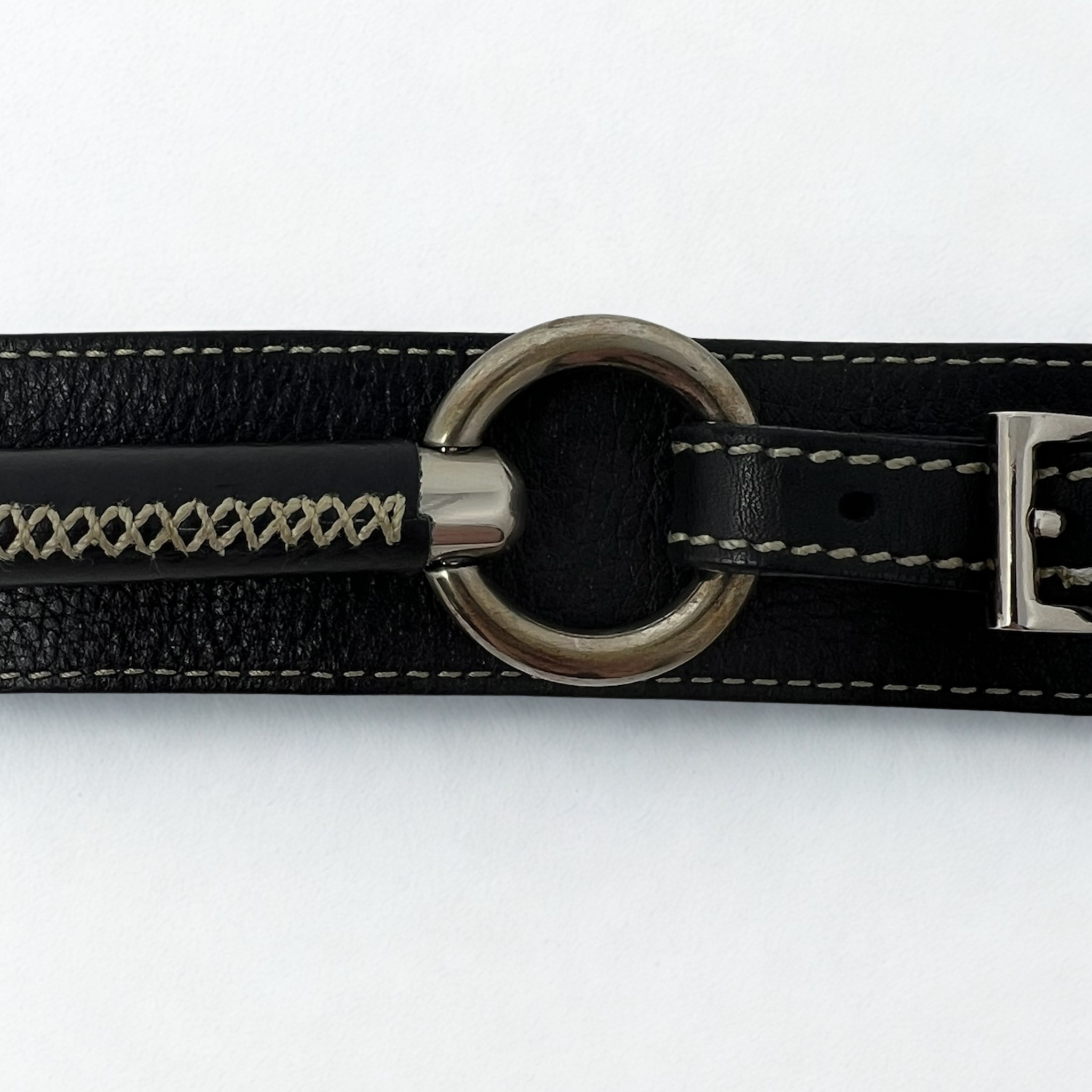 Vintage Prada black leather belt with silver ring hardware and cream contrast stitching, early-2000s