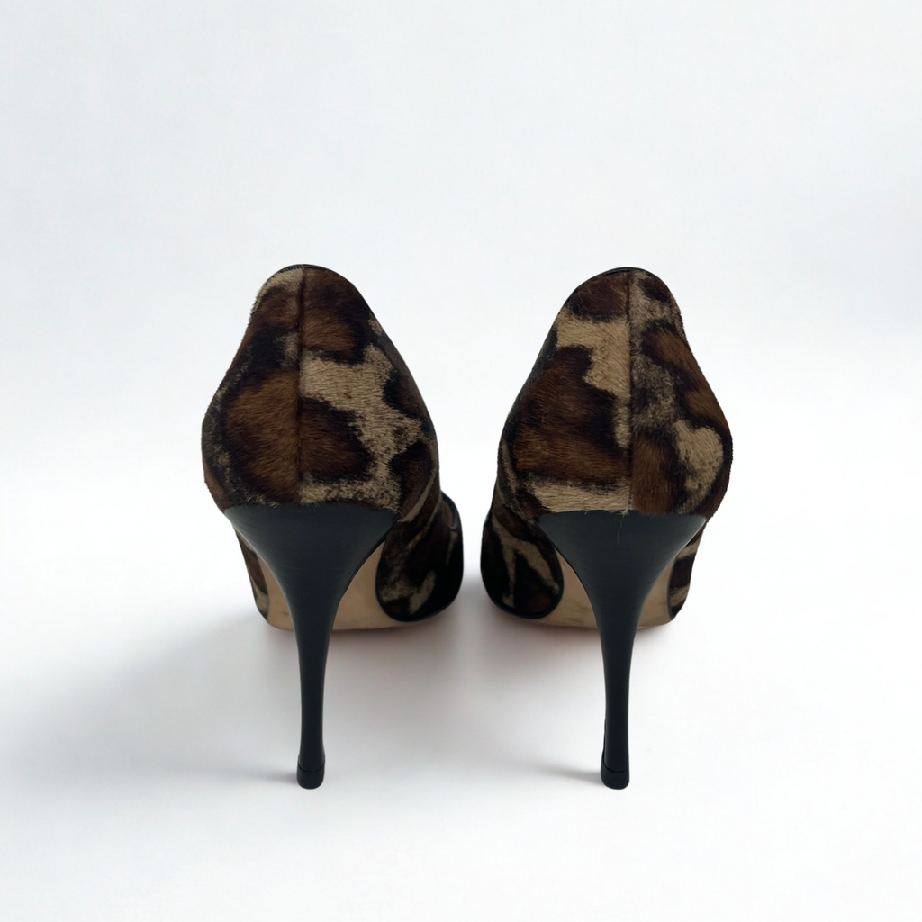 Vintage Manolo Blahnik brown ponyhair animal-print pumps with leather trim, early-2000s Italian craftsmanship