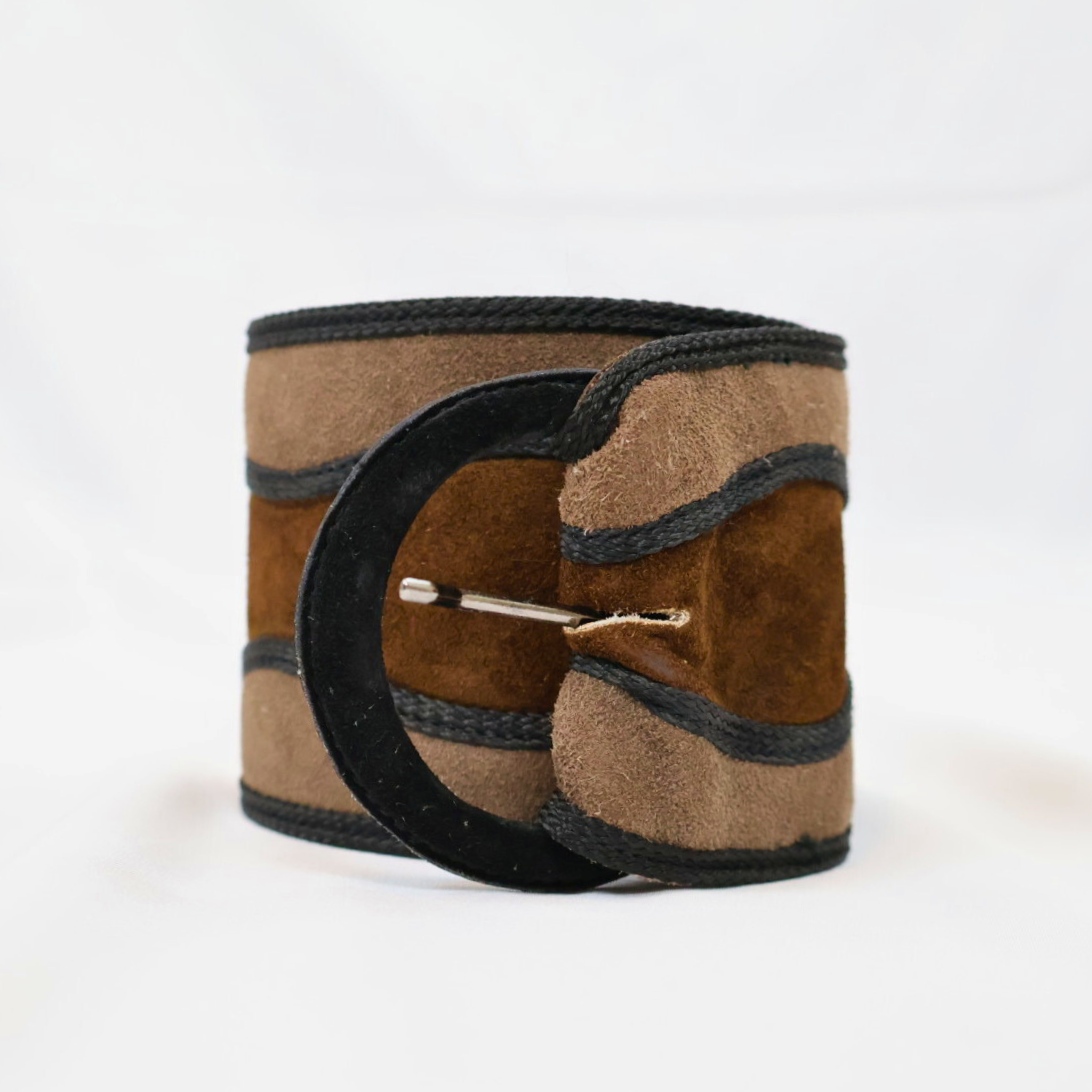 Vintage Yves Saint Laurent two-tone brown suede waist belt with black trim, 1980s design