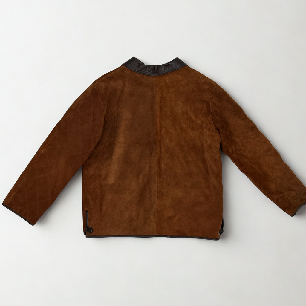 Vintage brown suede barn jacket with leather collar, quilted body, and button front, likely 1990s