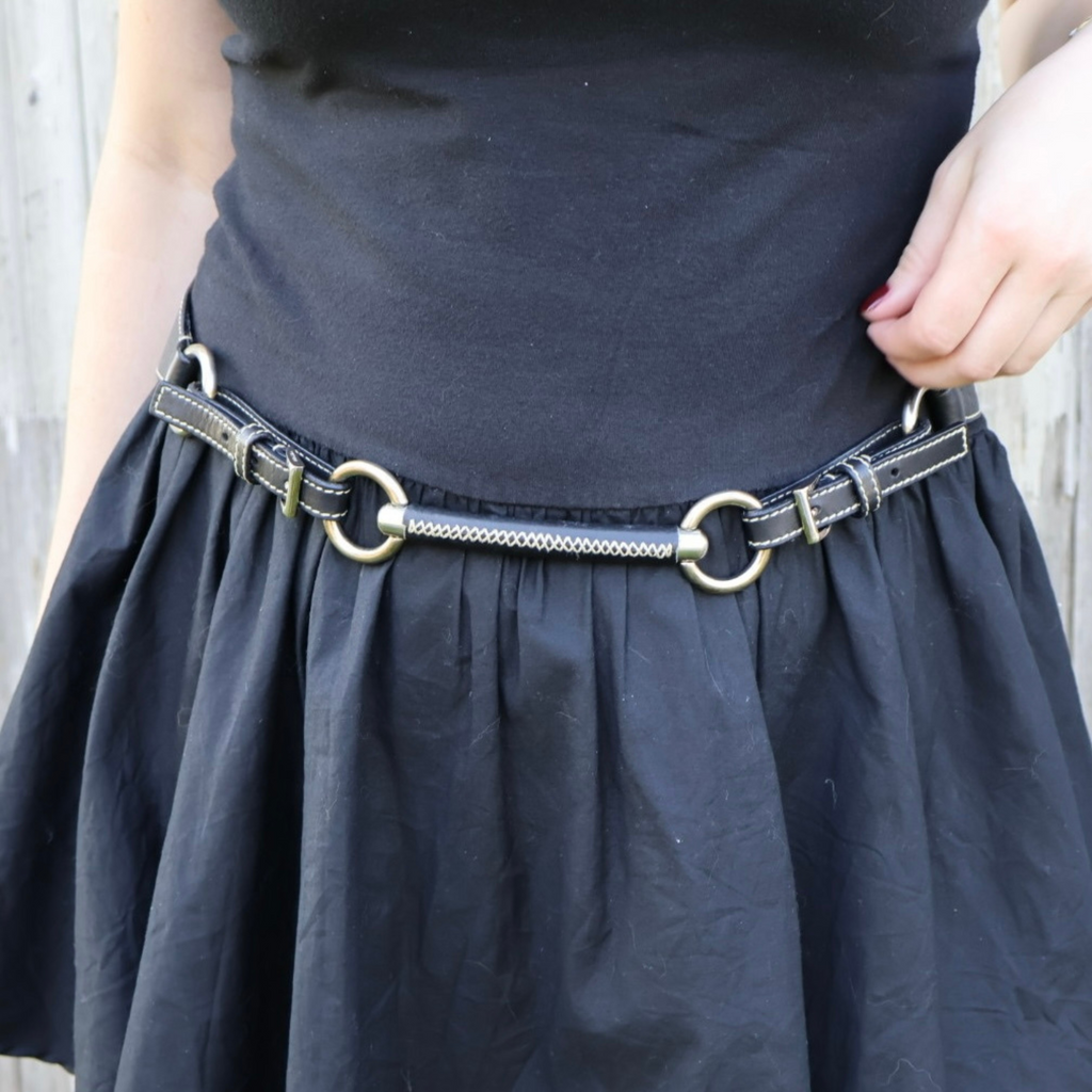 Vintage Prada black leather belt with silver ring hardware and cream contrast stitching, early-2000s