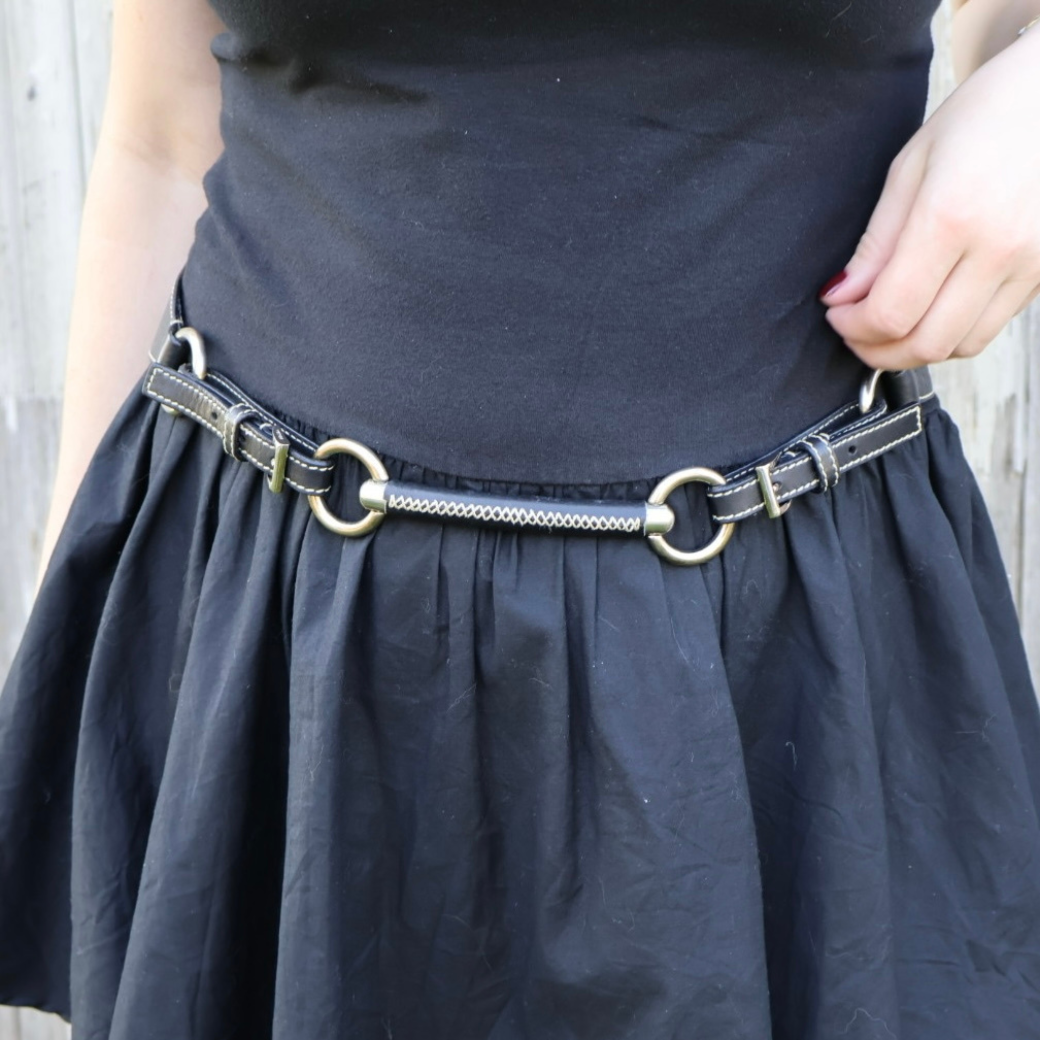 Vintage Prada black leather belt with silver ring hardware and cream contrast stitching, early-2000s