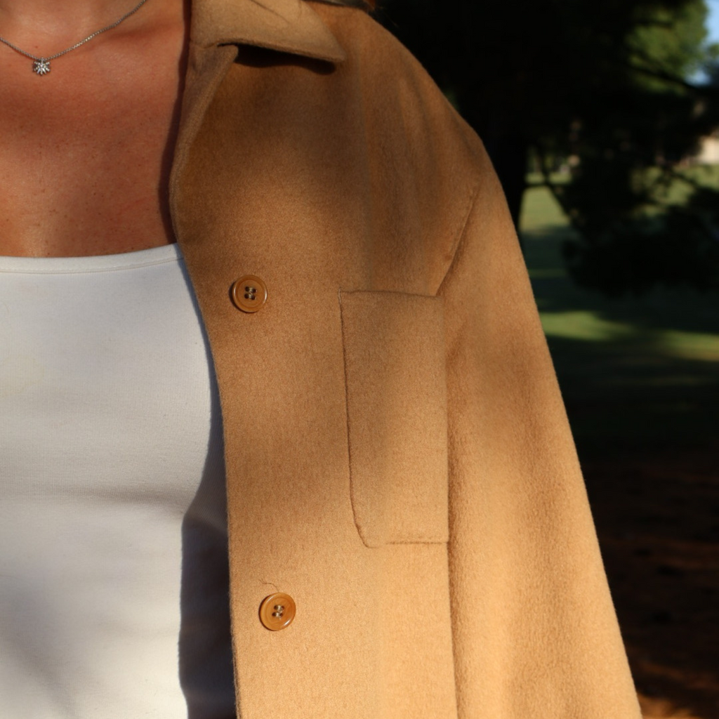 Vintage Max Mara camel hair jacket, 1997 single-breasted style with front patch pockets