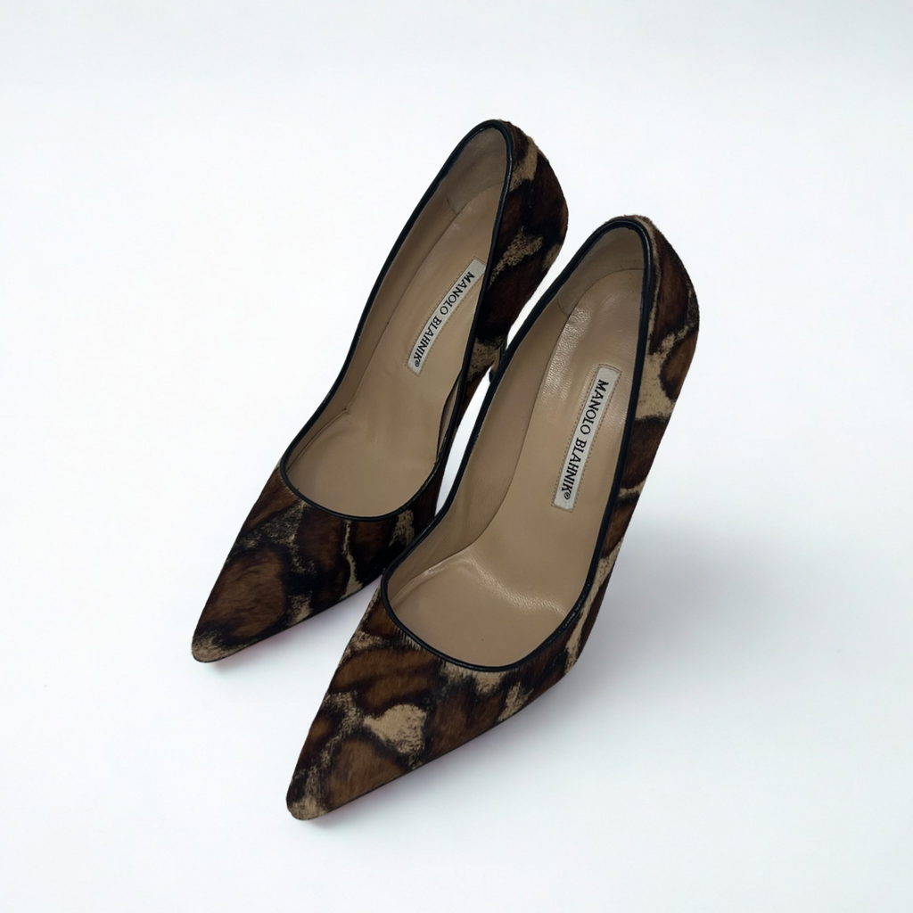 Vintage Manolo Blahnik brown ponyhair animal-print pumps with leather trim, early-2000s Italian craftsmanship