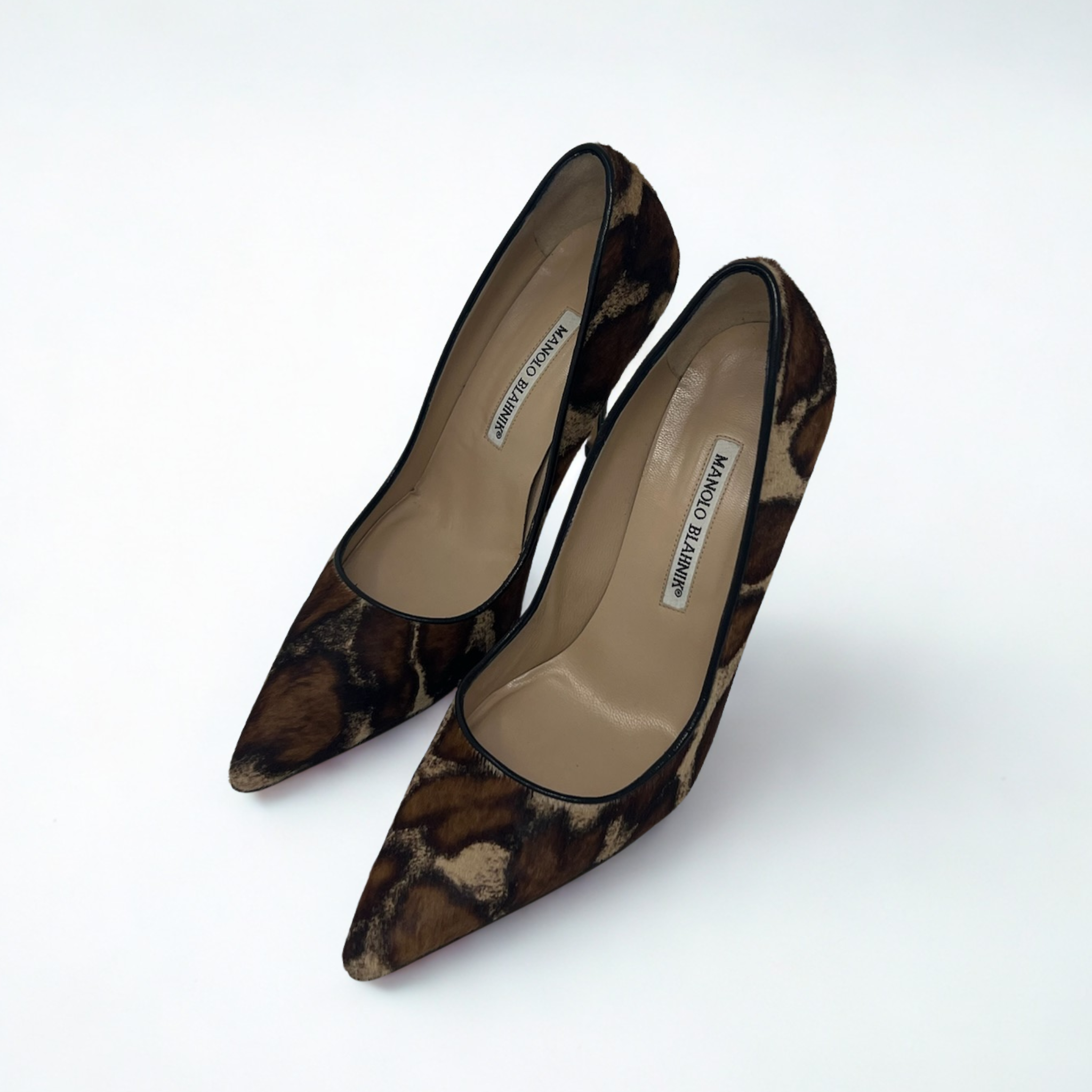 Vintage Manolo Blahnik brown ponyhair animal-print pumps with leather trim, early-2000s Italian craftsmanship