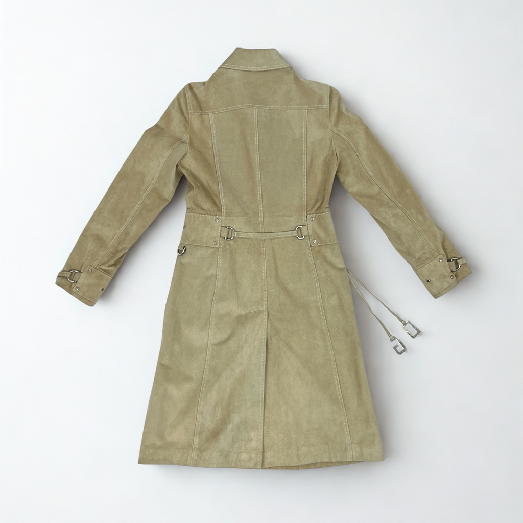 Vintage Dolce & Gabbana tan suede belted trench coat with leopard print lining, late-1990s to early-2000s