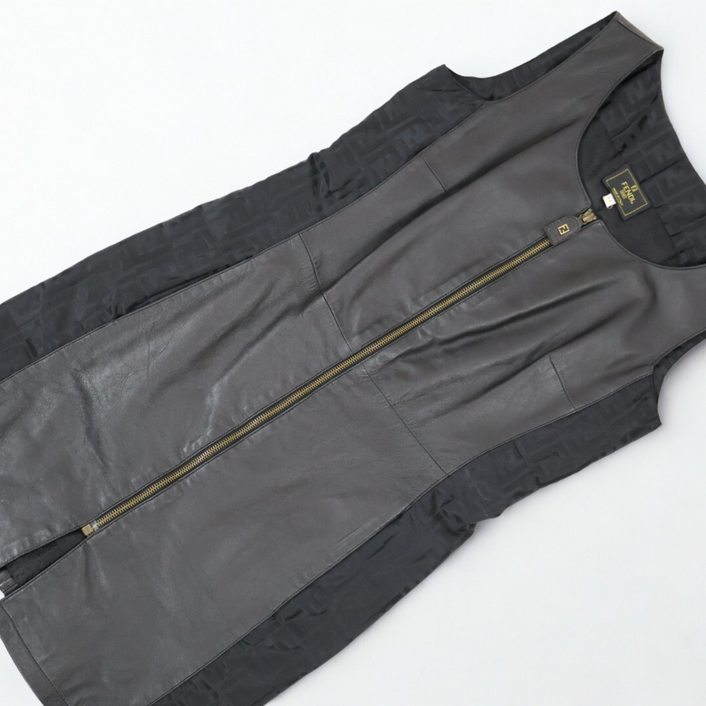 Vintage Fendi black leather minidress with Zucca side panels, late-1990s to early-2000s