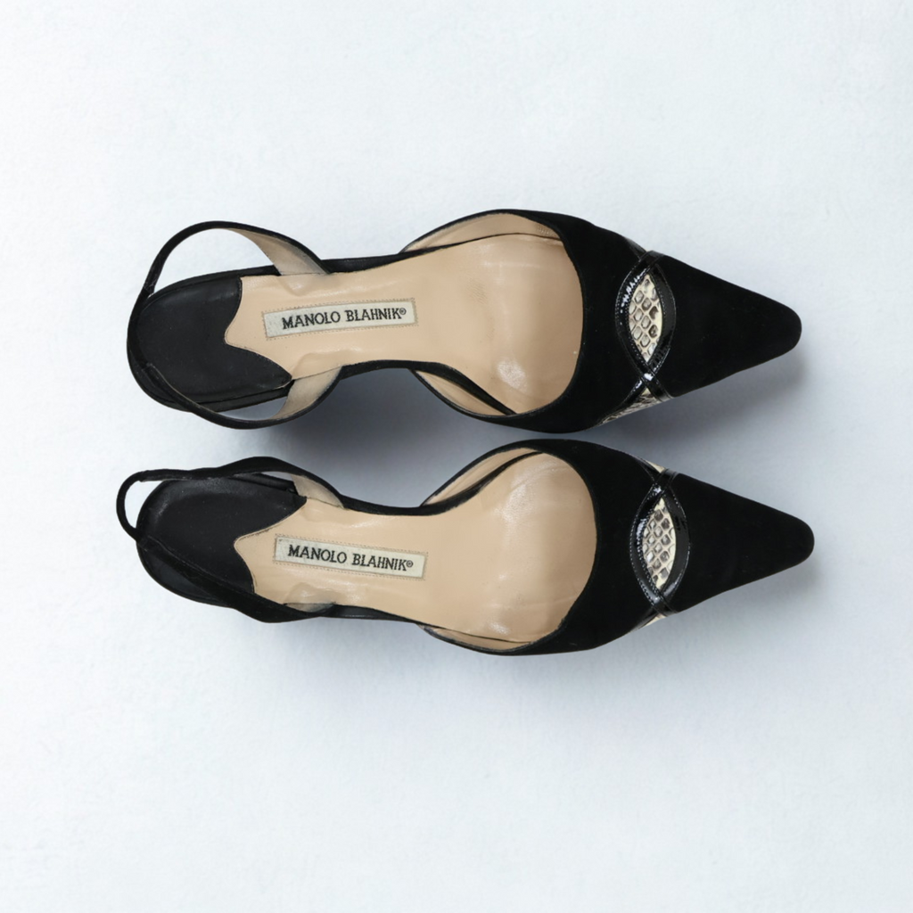 Manolo Blahnik Black Suede & Snakeskin Slingback Kitten Heels