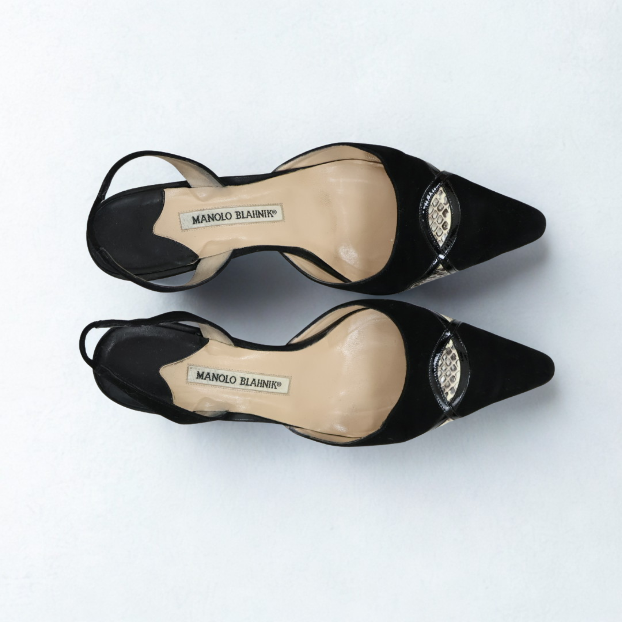 Manolo Blahnik Black Suede & Snakeskin Slingback Kitten Heels
