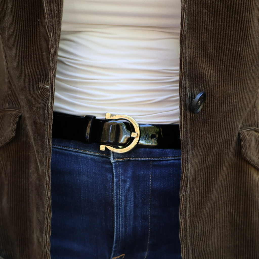 Vintage Salvatore Ferragamo black patent leather belt with gold Gancini buckle, 2000s