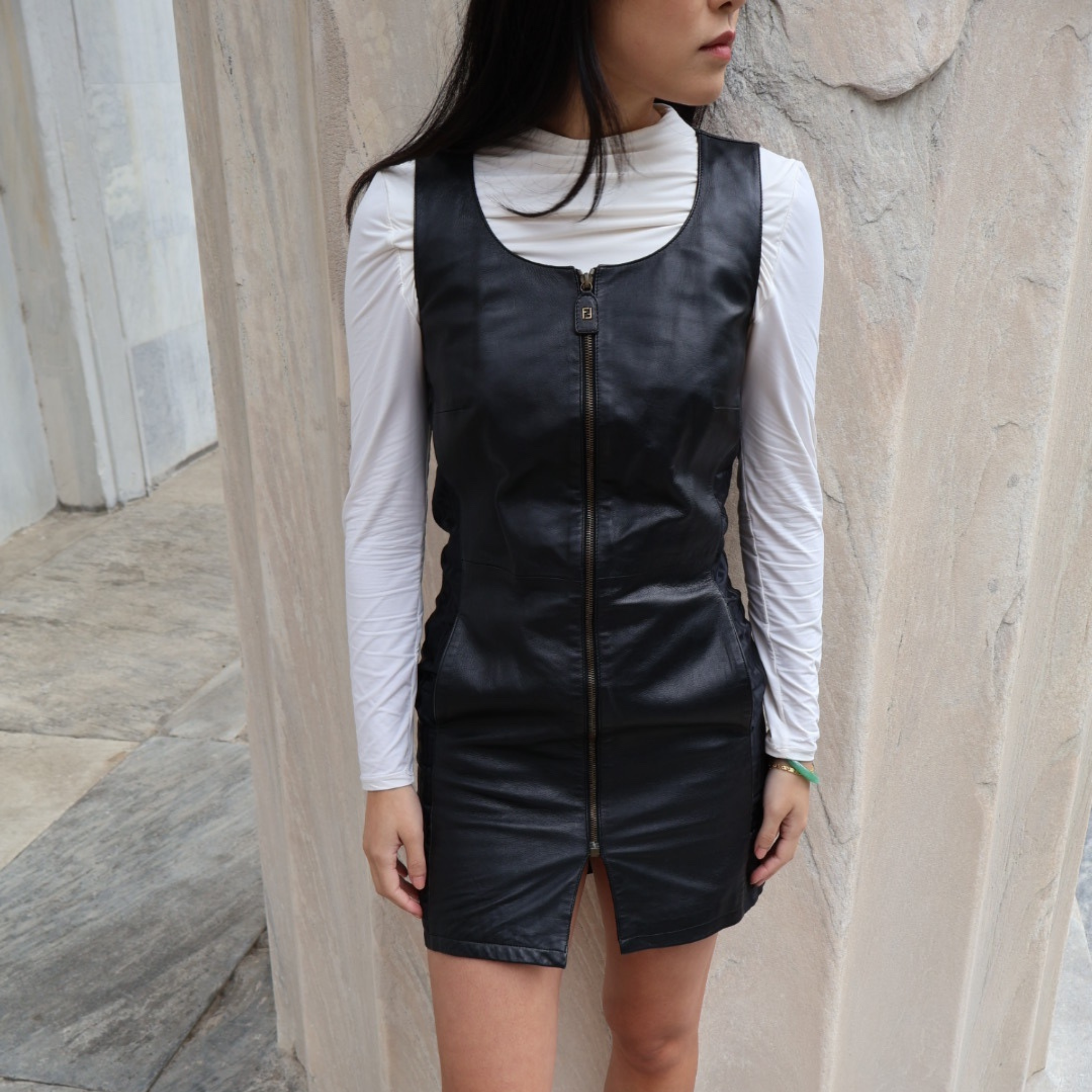 Fendi Black Leather Front-Zip Minidress with Zucca Side-Panels