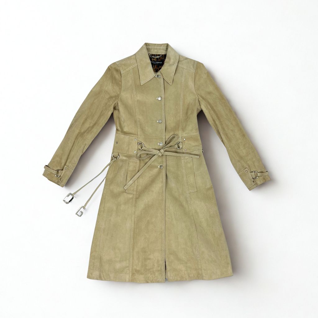 Vintage Dolce & Gabbana tan suede belted trench coat with leopard print lining, late-1990s to early-2000s
