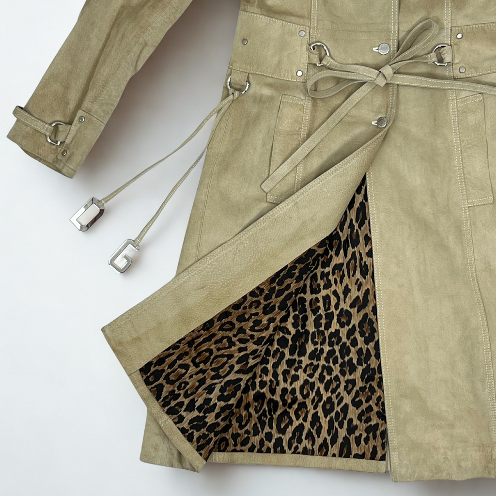 Vintage Dolce & Gabbana tan suede belted trench coat with leopard print lining, late-1990s to early-2000s