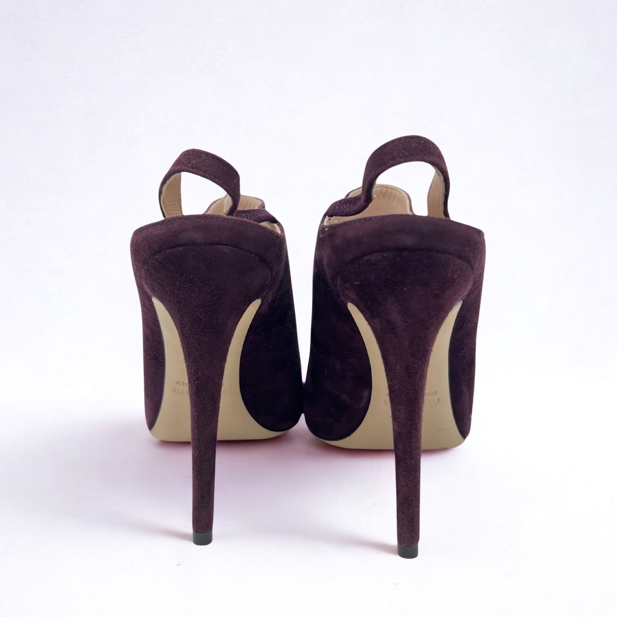 Vintage Miu Miu purple suede peep-toe slingback mules with stiletto heel, mid-2000s design
