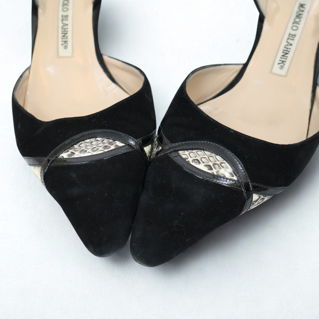 Manolo Blahnik Black Suede & Snakeskin Slingback Kitten Heels