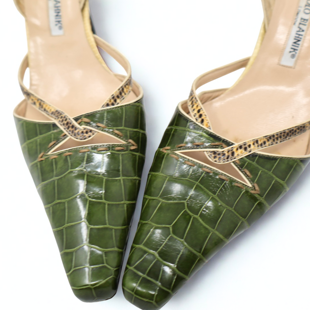 Vintage Manolo Blahnik green crocodile-embossed slingbacks with snakeskin trim, early-2000s Italian design