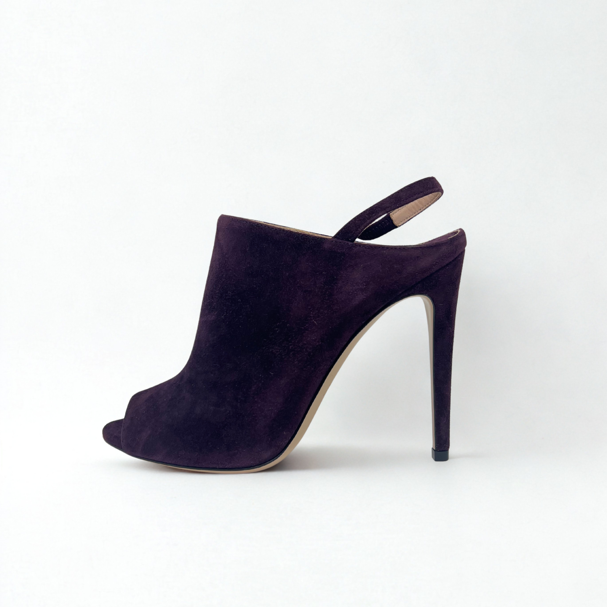 Vintage Miu Miu purple suede peep-toe slingback mules with stiletto heel, mid-2000s design