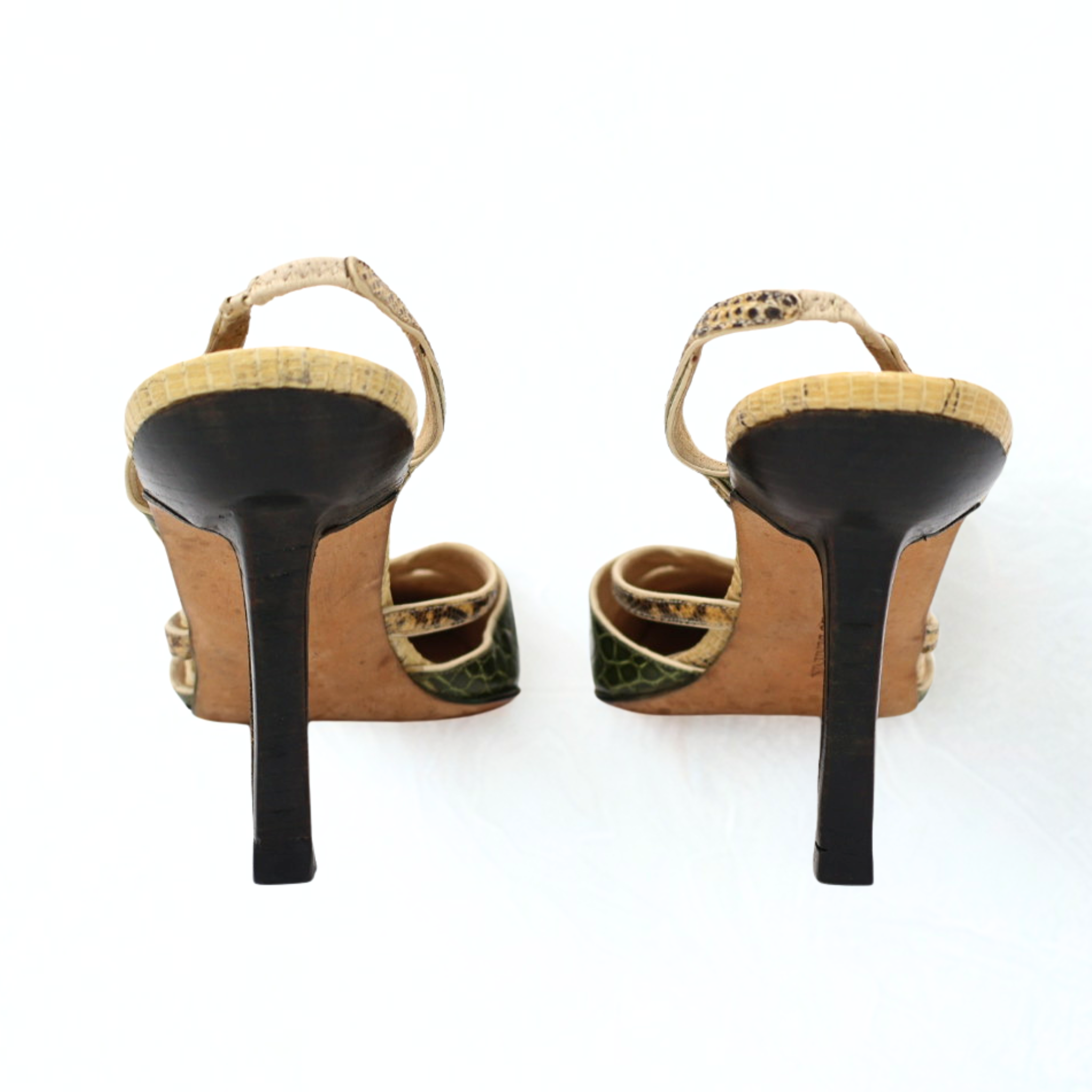 Vintage Manolo Blahnik green crocodile-embossed slingbacks with snakeskin trim, early-2000s Italian design
