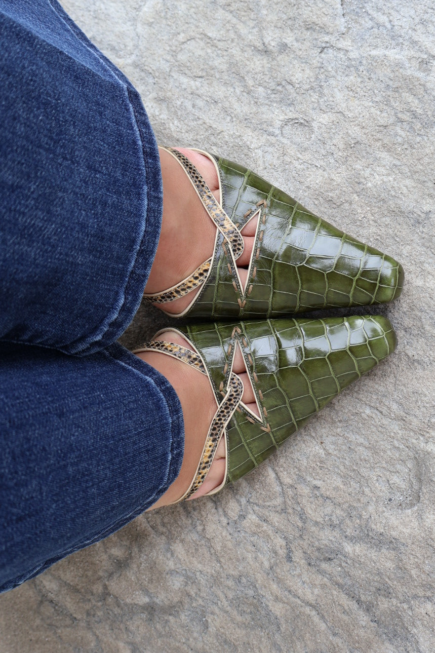 Manolo Blahnik Crocodile-Embossed Slingback Heels