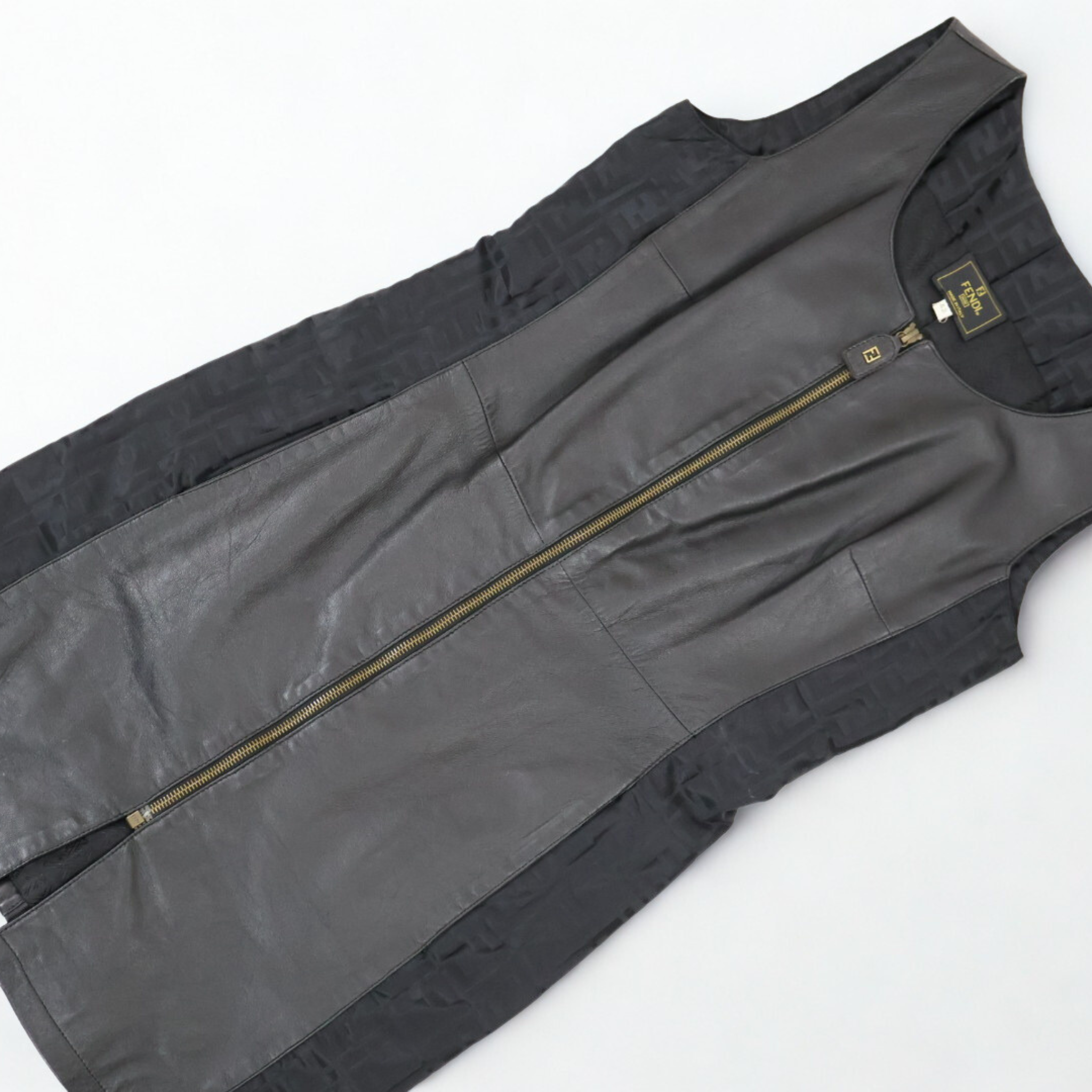 Vintage Fendi black leather minidress with Zucca side panels