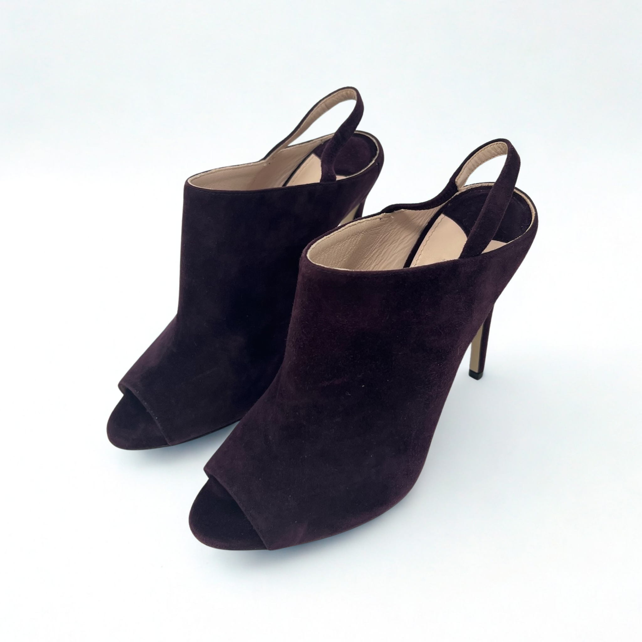 Vintage Miu Miu purple suede peep-toe slingback mules with stiletto heel, mid-2000s design