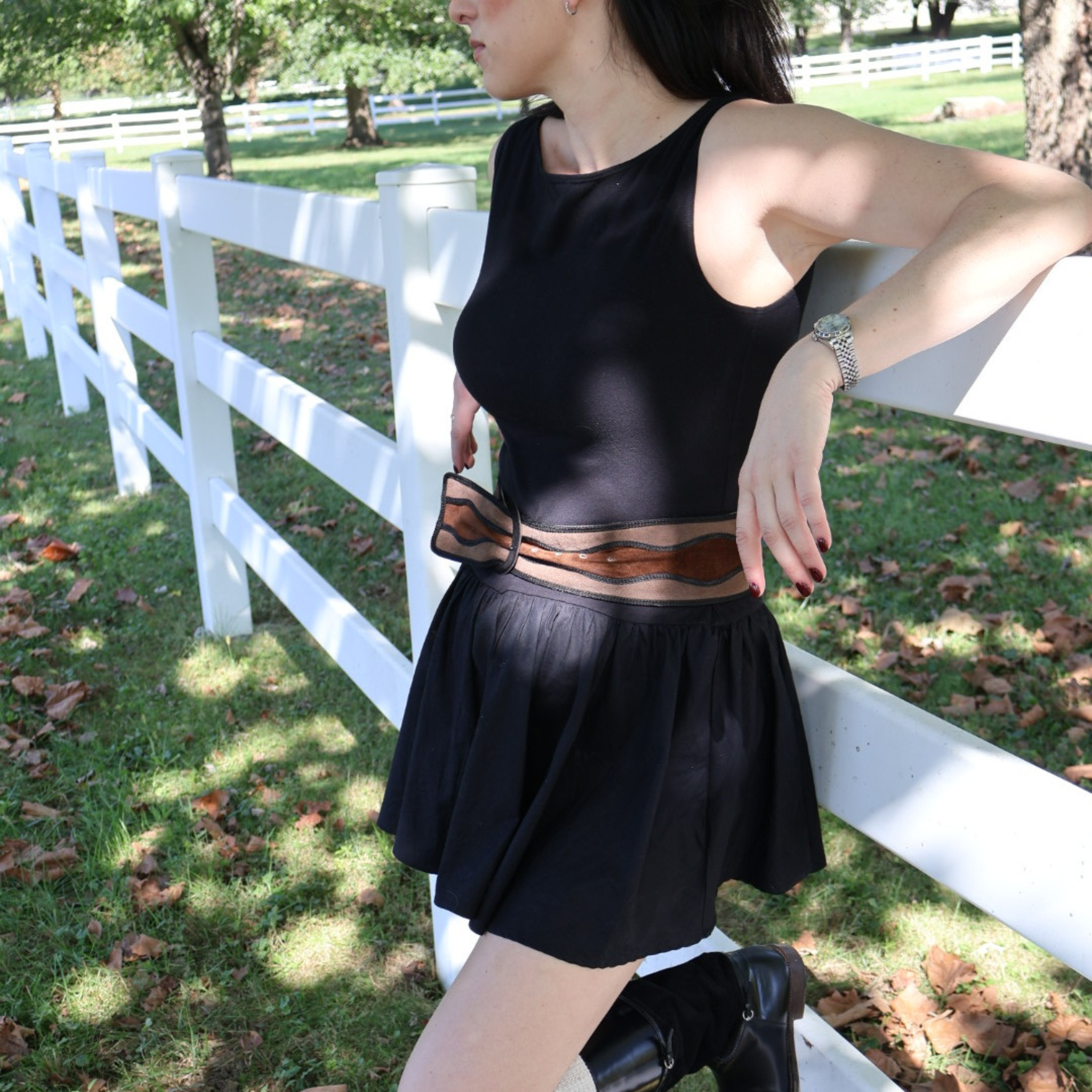 Vintage Yves Saint Laurent two-tone brown suede waist belt with black trim, 1980s design