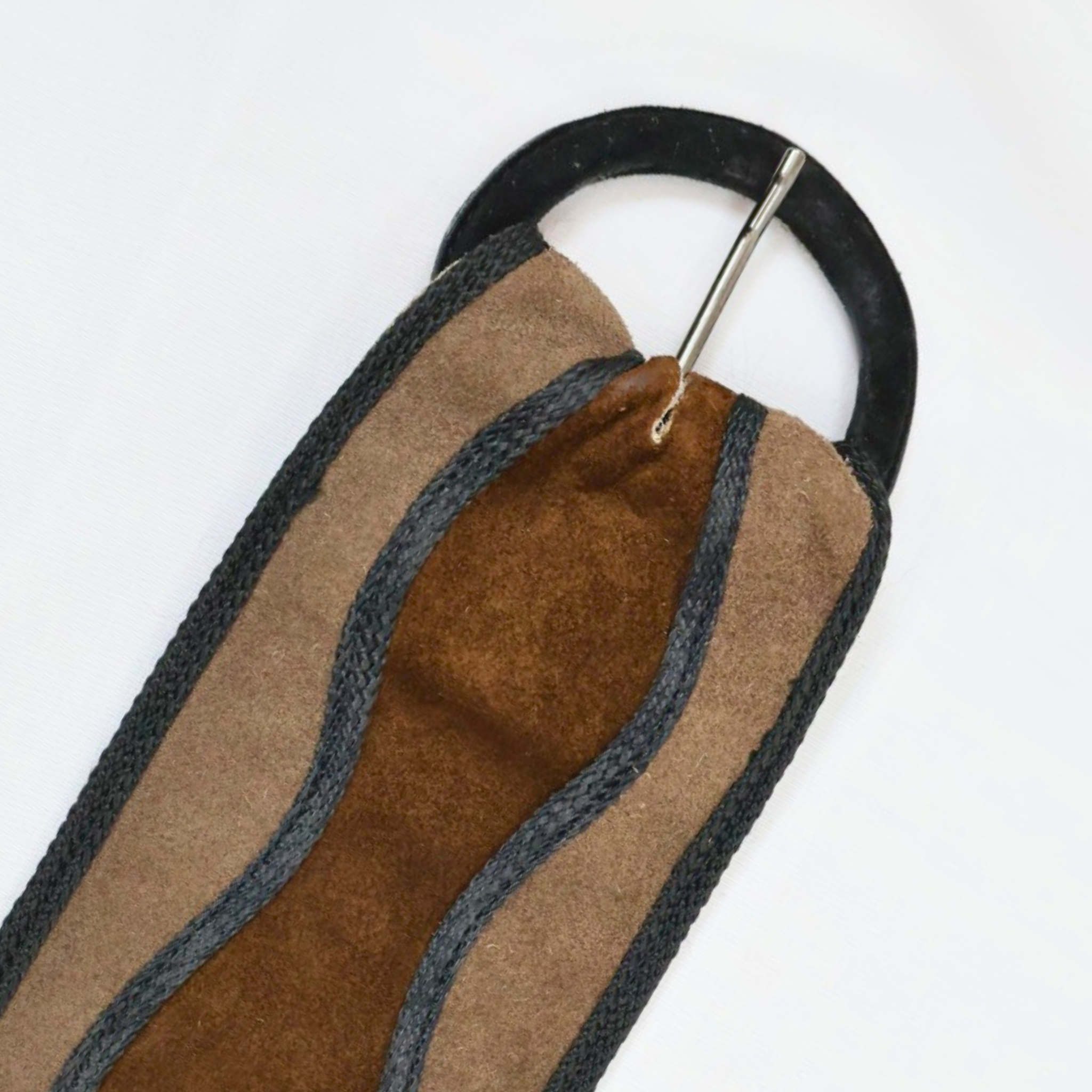 Vintage Yves Saint Laurent two-tone brown suede waist belt with black trim, 1980s design